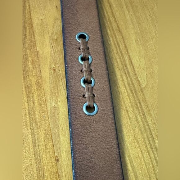 Rolfs Brown Tan Leather Belt Grommets Leather Weave Detail XL - Picture 3 of 6